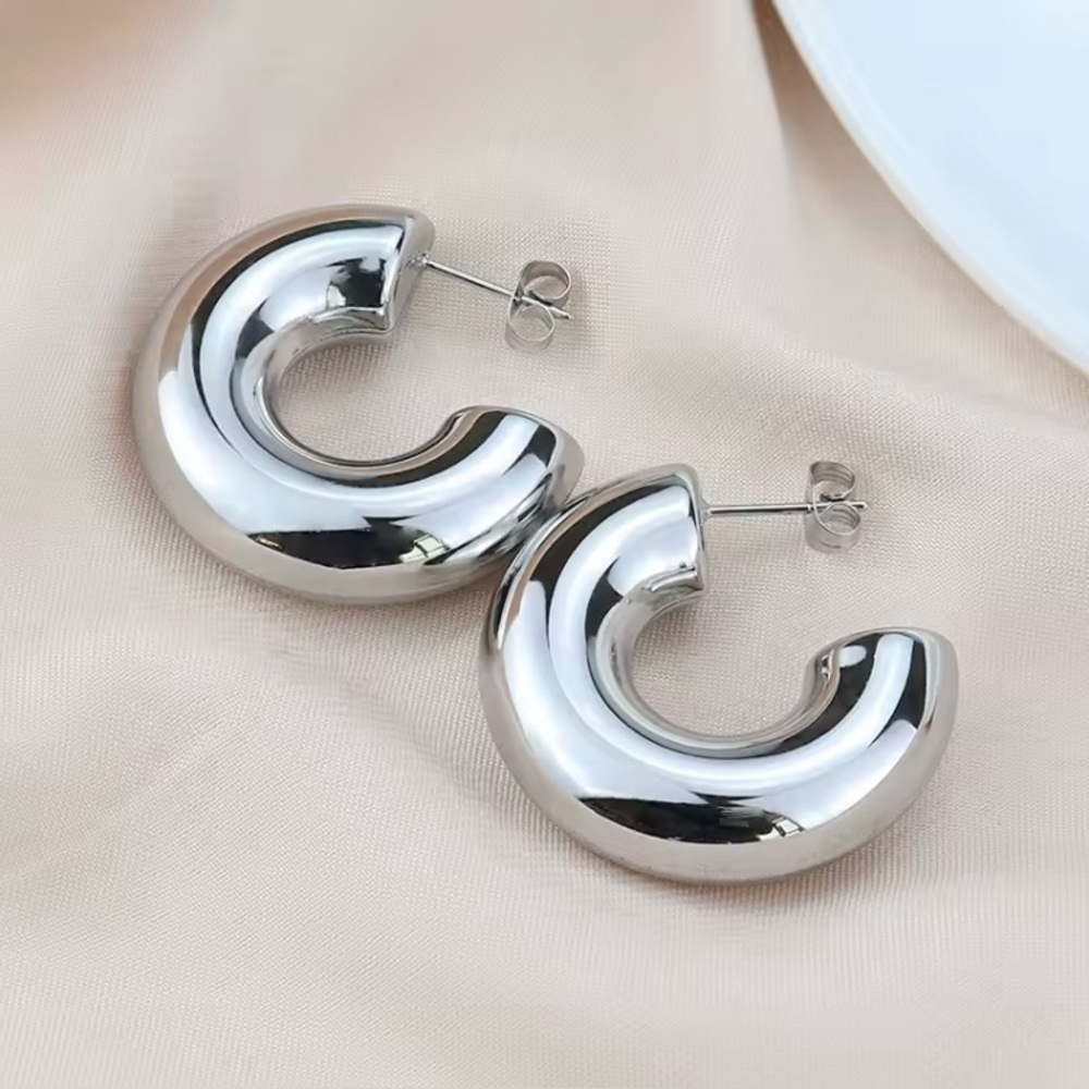 New Silver Chunky Balloon Arc Crescent  Hoop Earrings - Women Jewelry